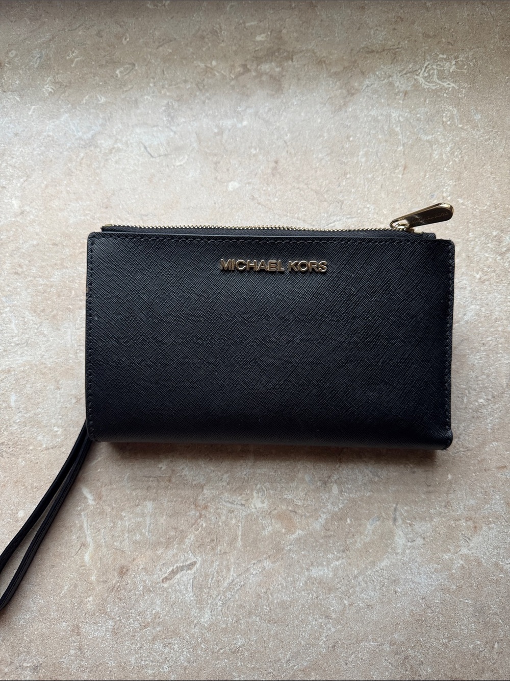 Michael Kors Black Saffiano Leather Wristlet with Gold Hardware
